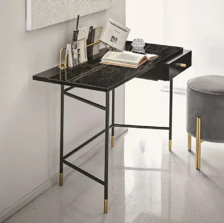 Scrittoio Vanity con top in marmo, cassetto in legno laccato e struttura in acciaio di Bontempi