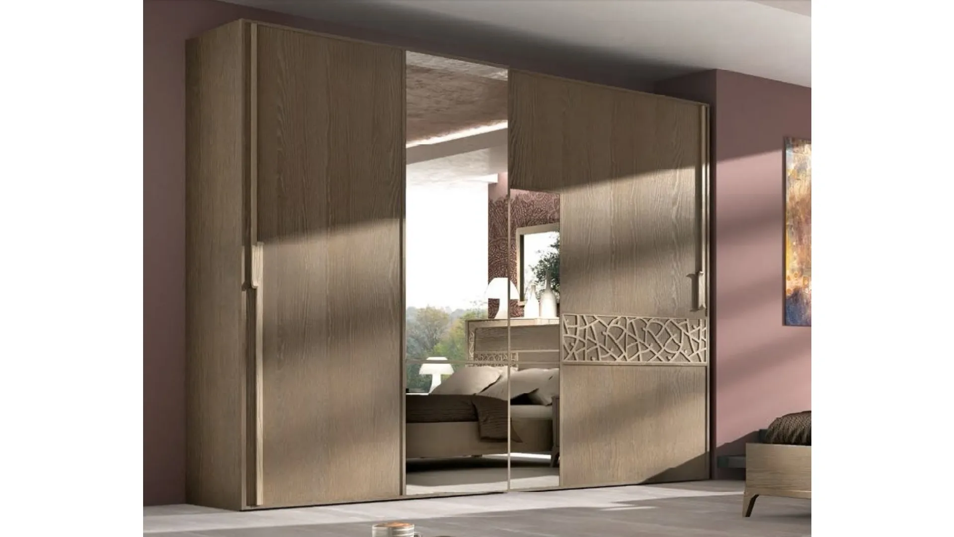 Armadio con ante scorrevoli Trend Style TR2431 in legno con traforo e specchio di Imba Srl