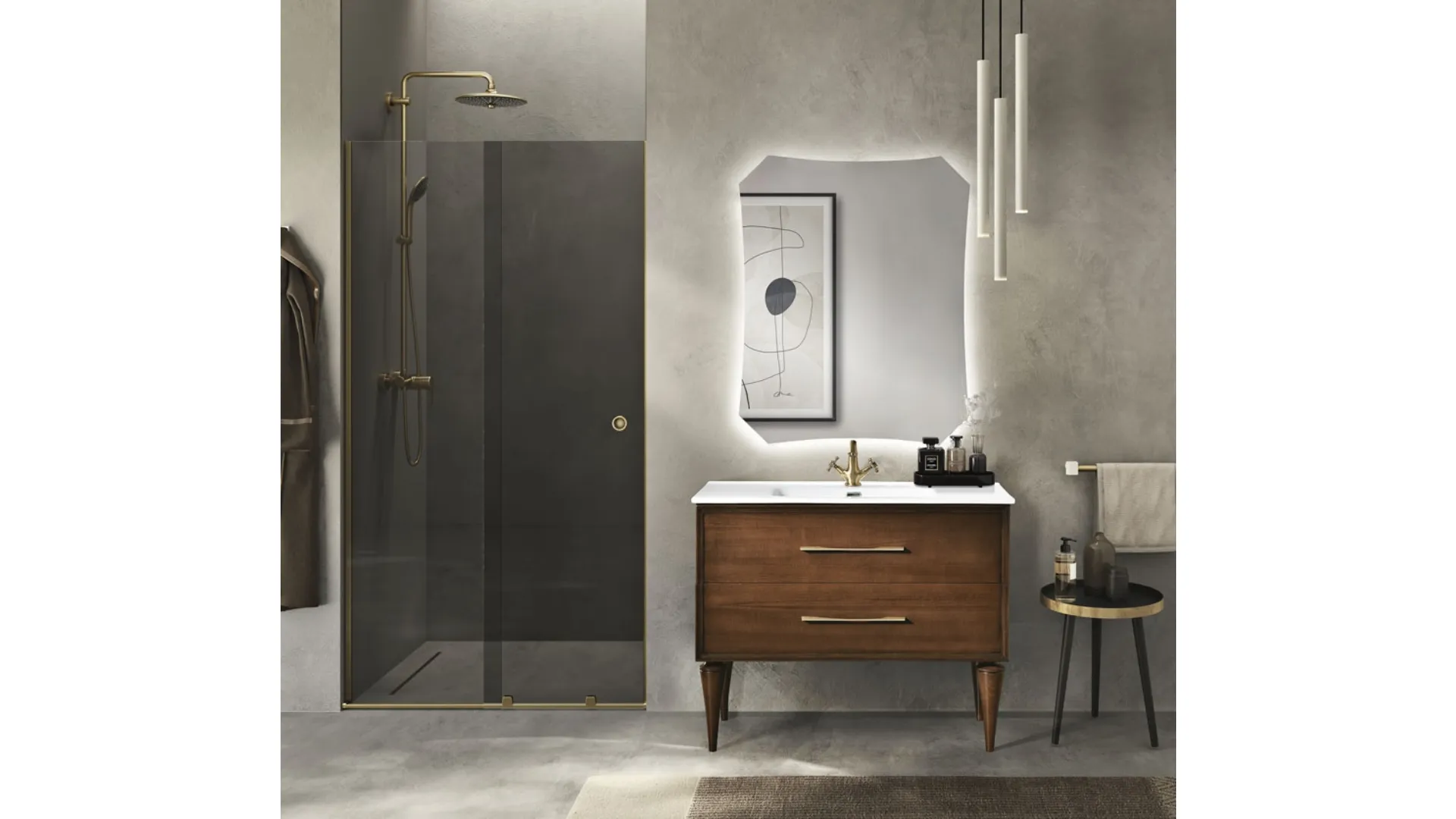 Mobile da Bagno con piedi Classic in finitura Noce chiaro con maniglia brunita e lavabo in ceramica di Bluelife