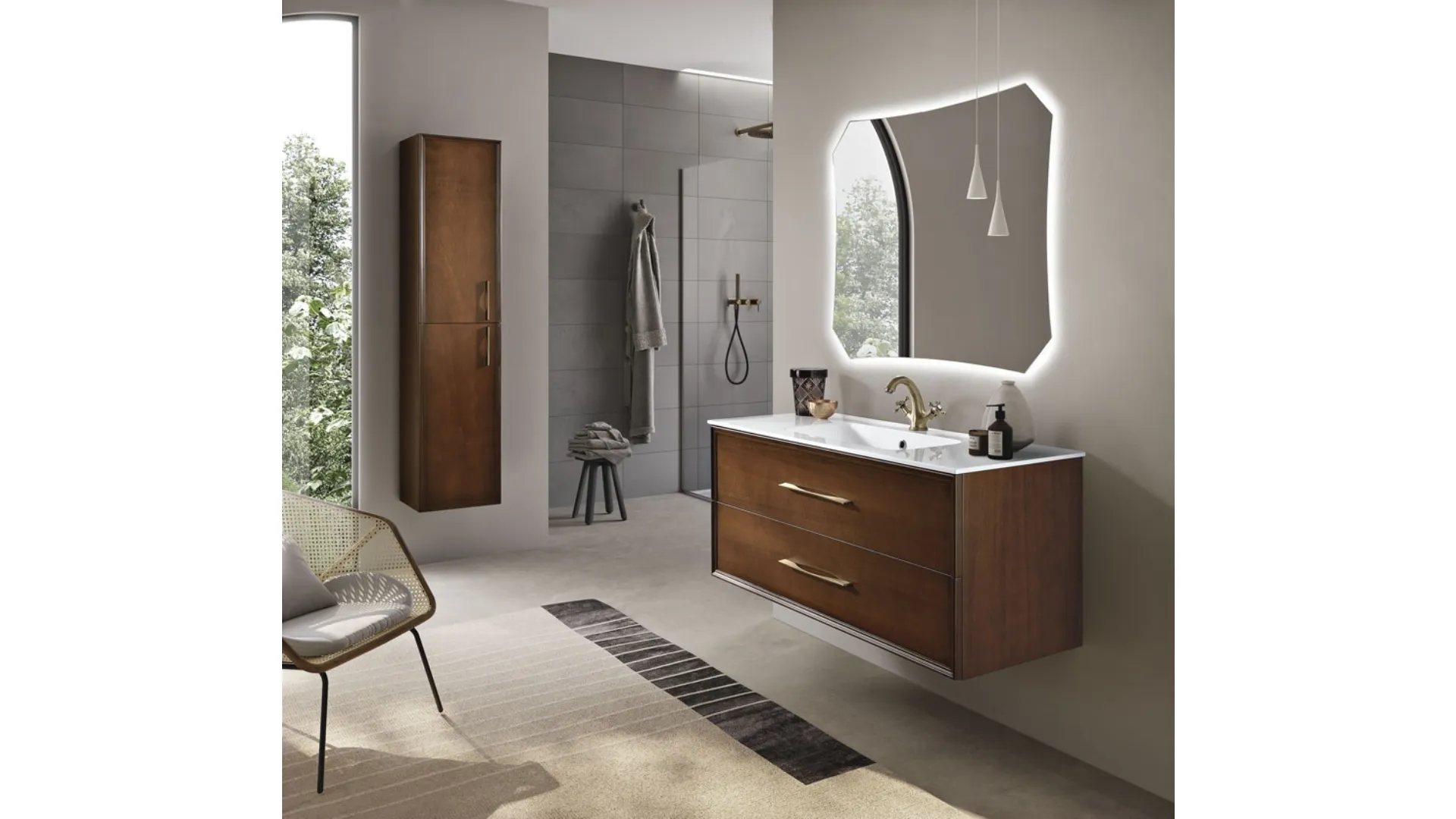 Mobile da Bagno sospeso Classic finitura Noce chiaro con maniglia brunita di Bluelife