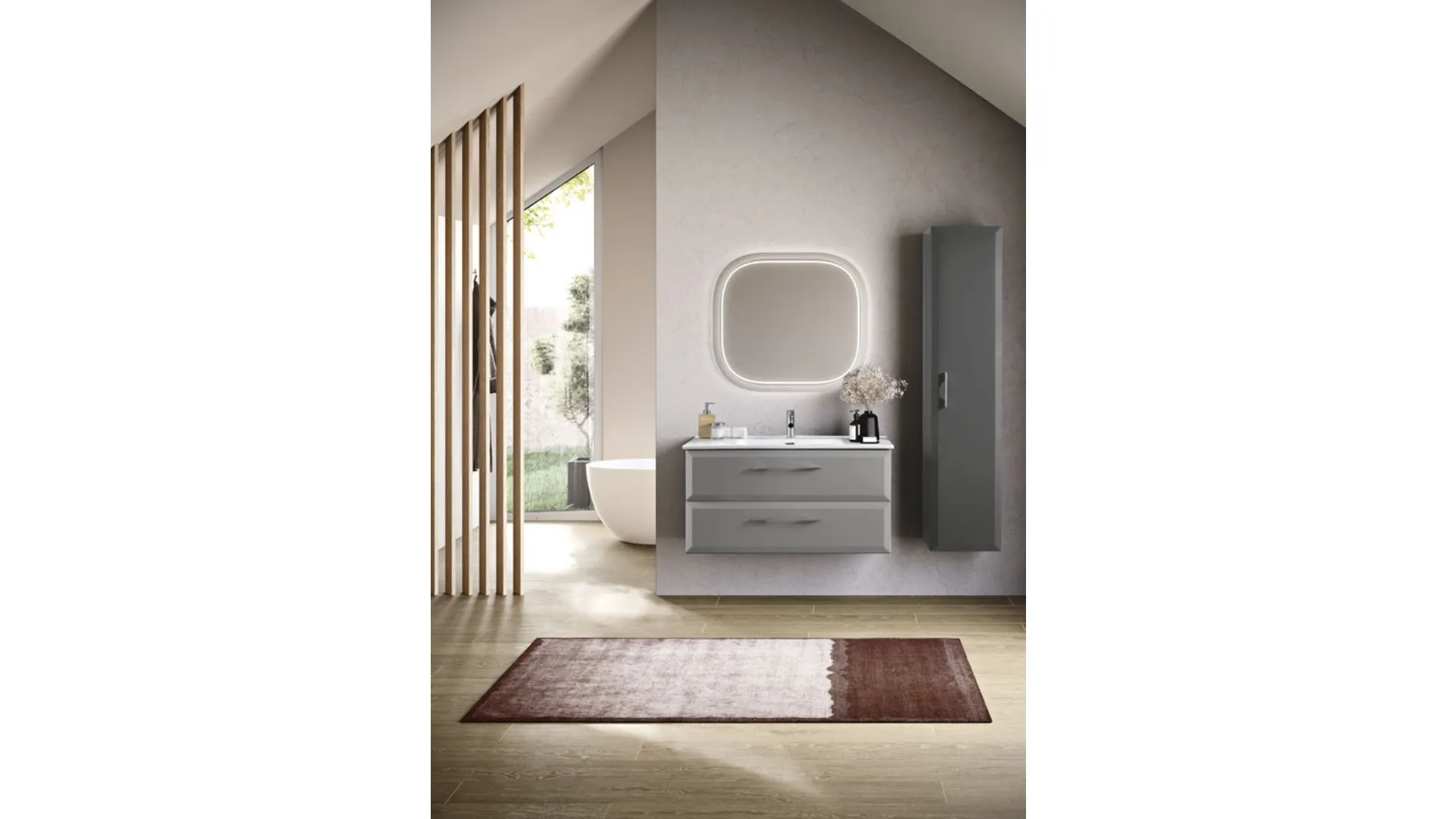 Mobile da Bagno sospeso Cleide laccato Grigio Perla con colonna laccata Antracite di Bluelife