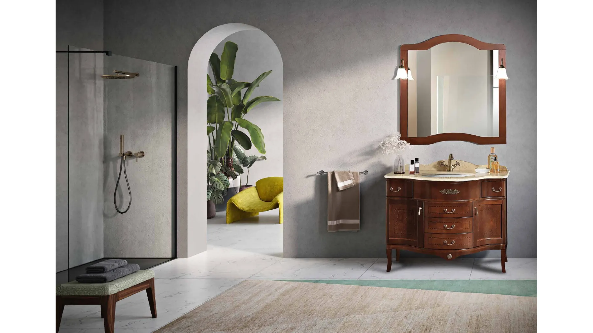 Mobile da Bagno London a due ante e 3 cassetti in Noce con top in marmo Giallo Ambra Egizio di Bluelife