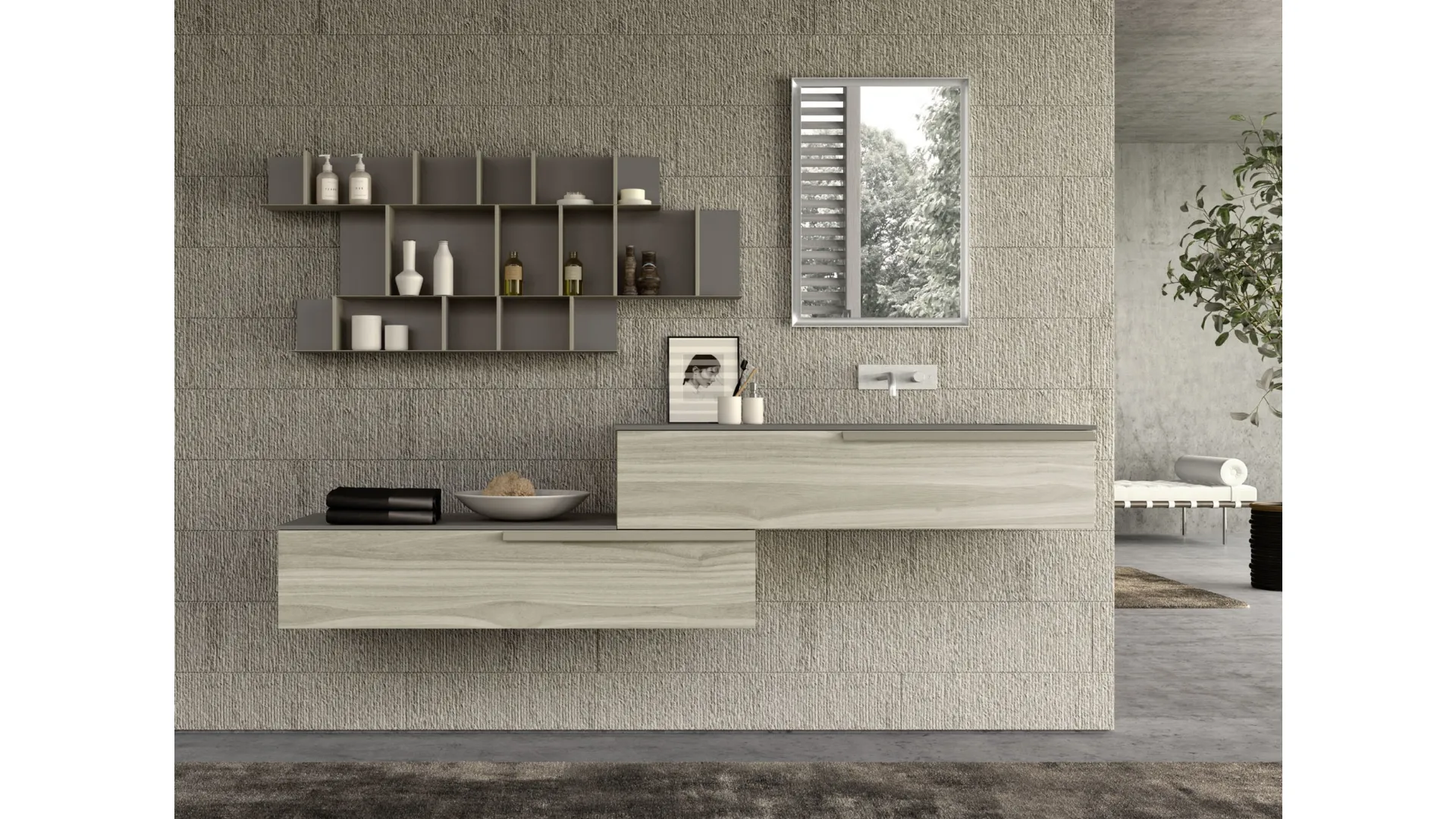 Mobile da Bagno sospeso M System 023 in melaminico effetto legno di Baxar