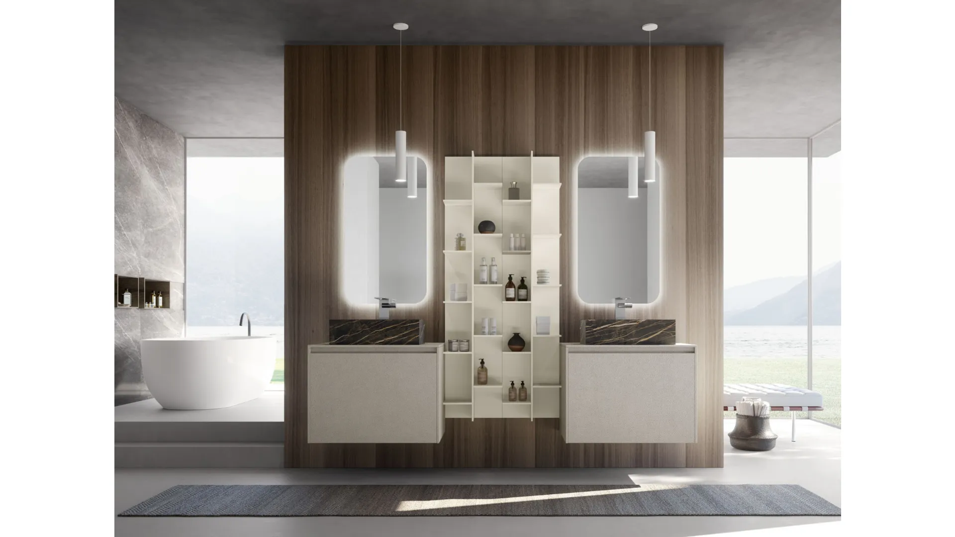 Mobile da Bagno sospeso M2 System 225 in laccato opaco Platino con lavabo in gres effetto marmo di Baxar