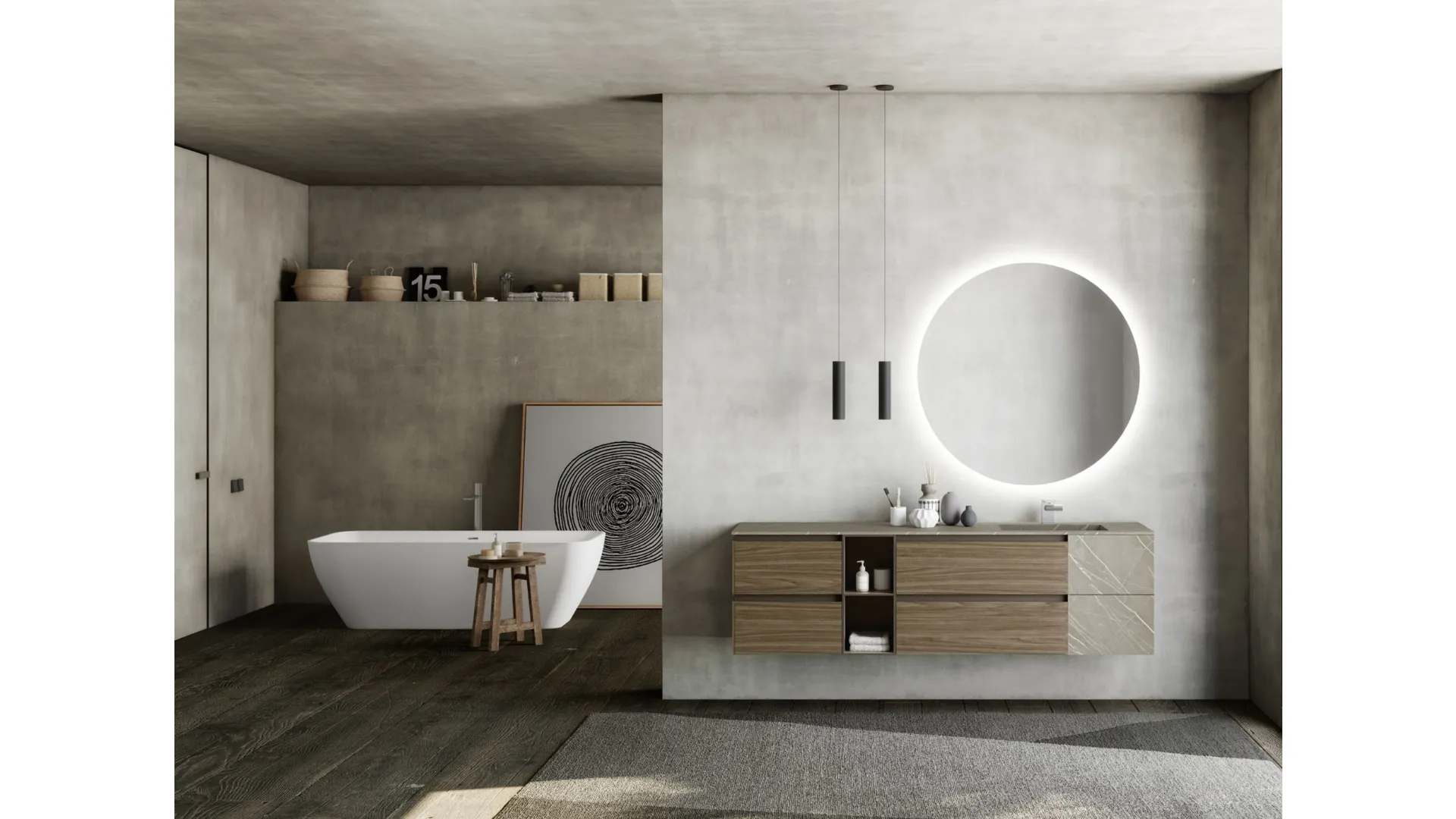 Mobile da Bagno sospeso M2 System 227 in melaminico Noce Canaletto e HPL di Baxar