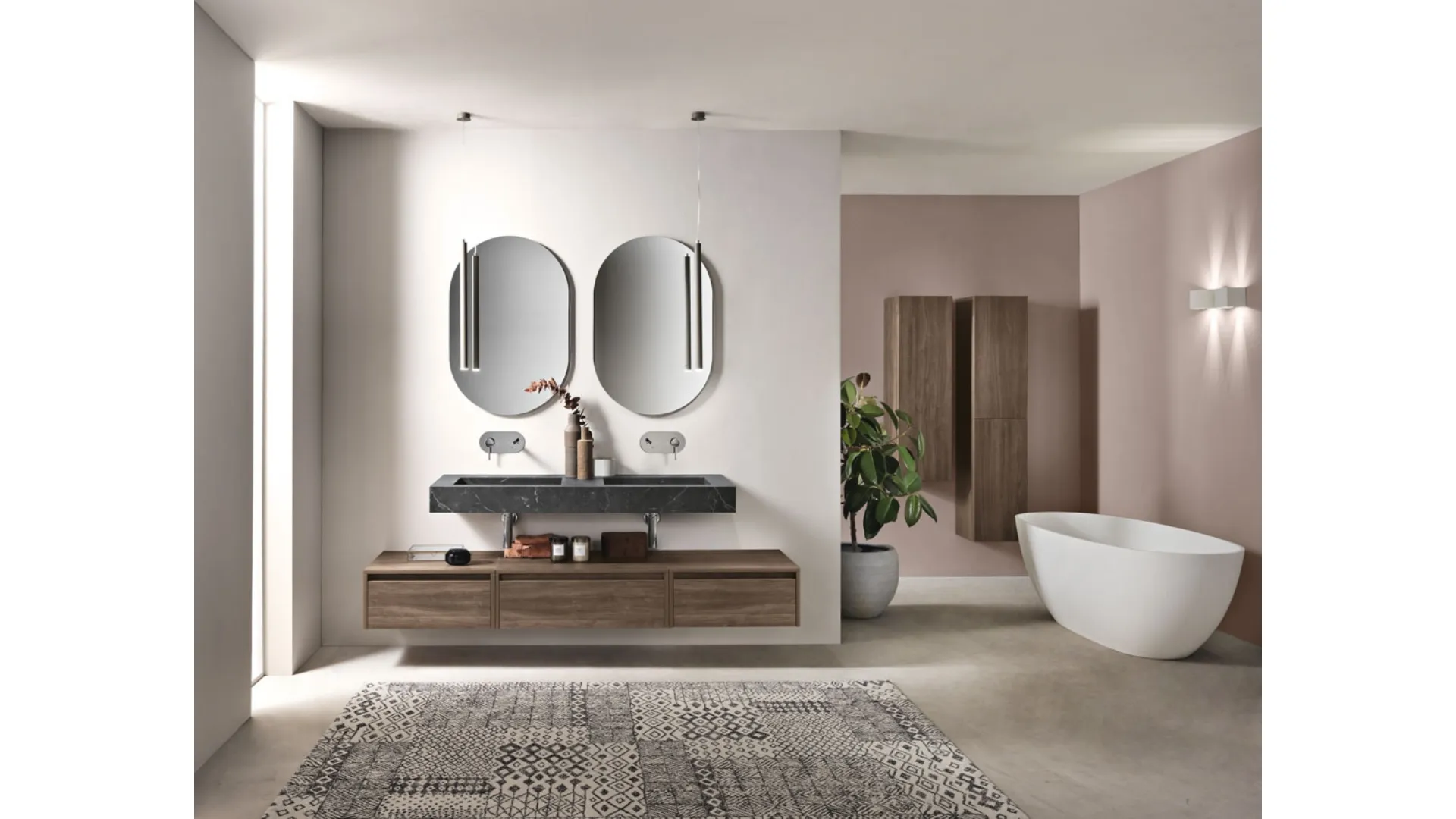 Mobile da Bagno sospeso Piave in nobilitato Noce Americano con top in HPL Marmo Nero Marquinia di Bluelife