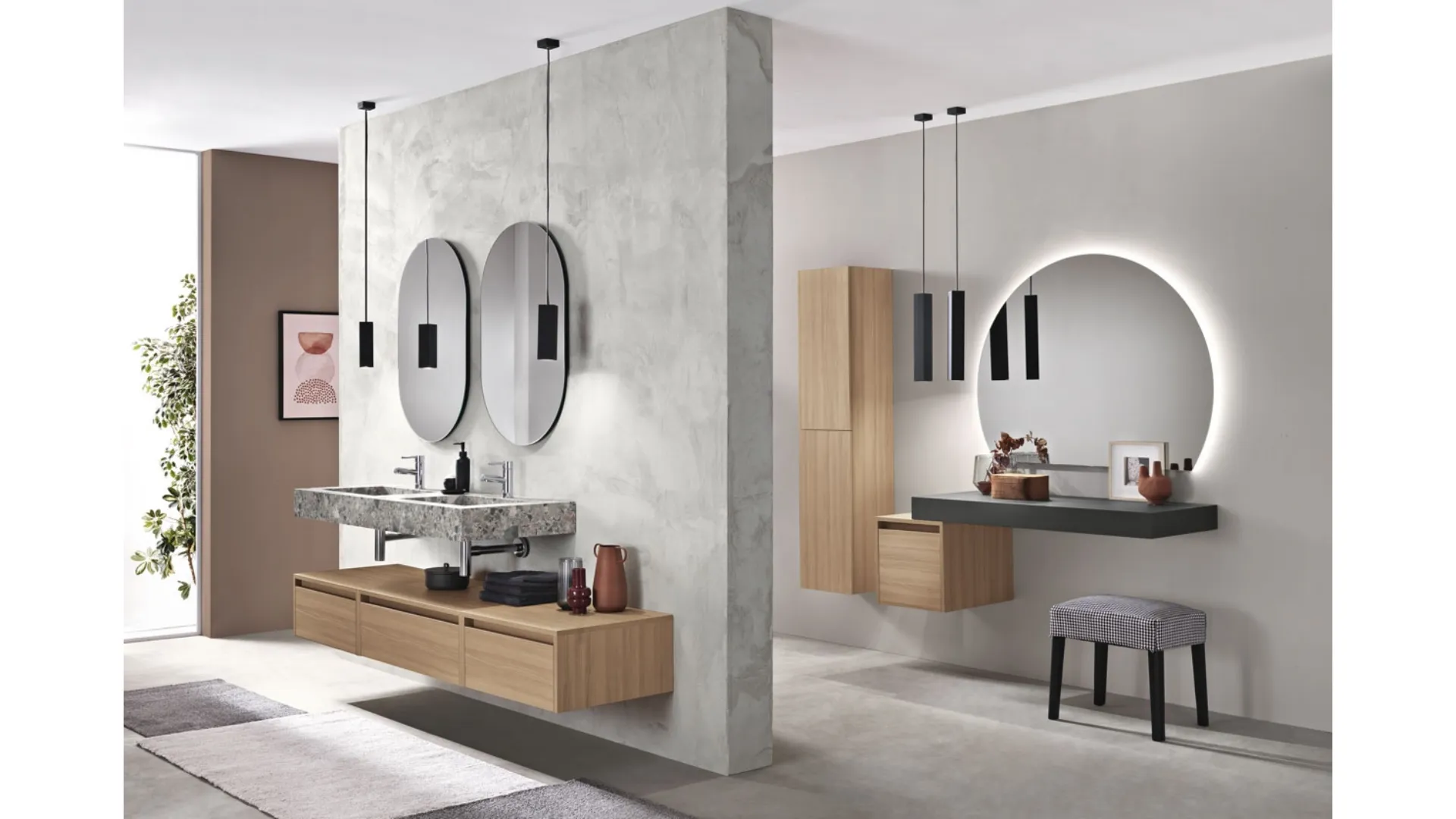 Mobile da Bagno sospeso Piave in nobilitato Rovere Miele con top in HPL Ceppo di Grè con lavabo integrato di Bluelife