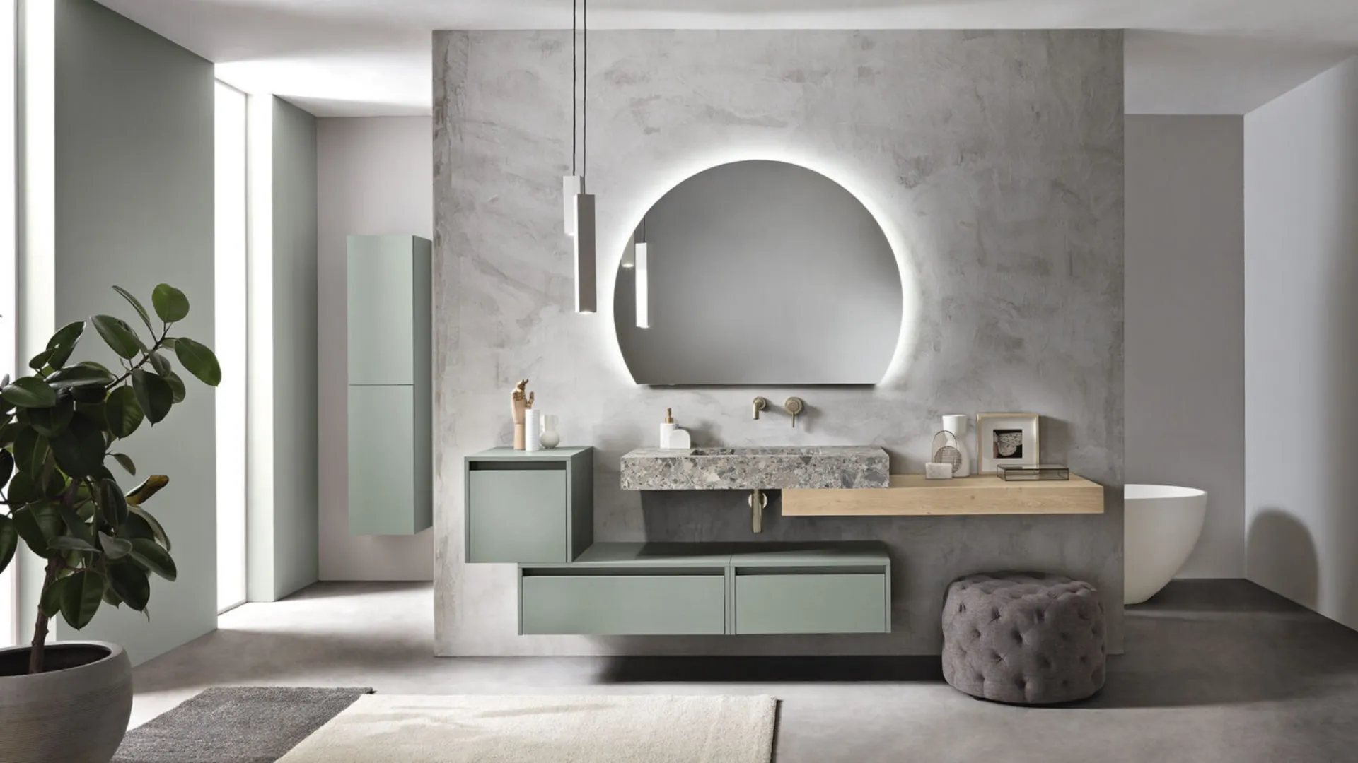 Mobile da Bagno sospeso Piave in nobilitato Verde Frassinato con top in laminato Ceppo di Grè e in polimerico Rovere chiaro di Bluelife