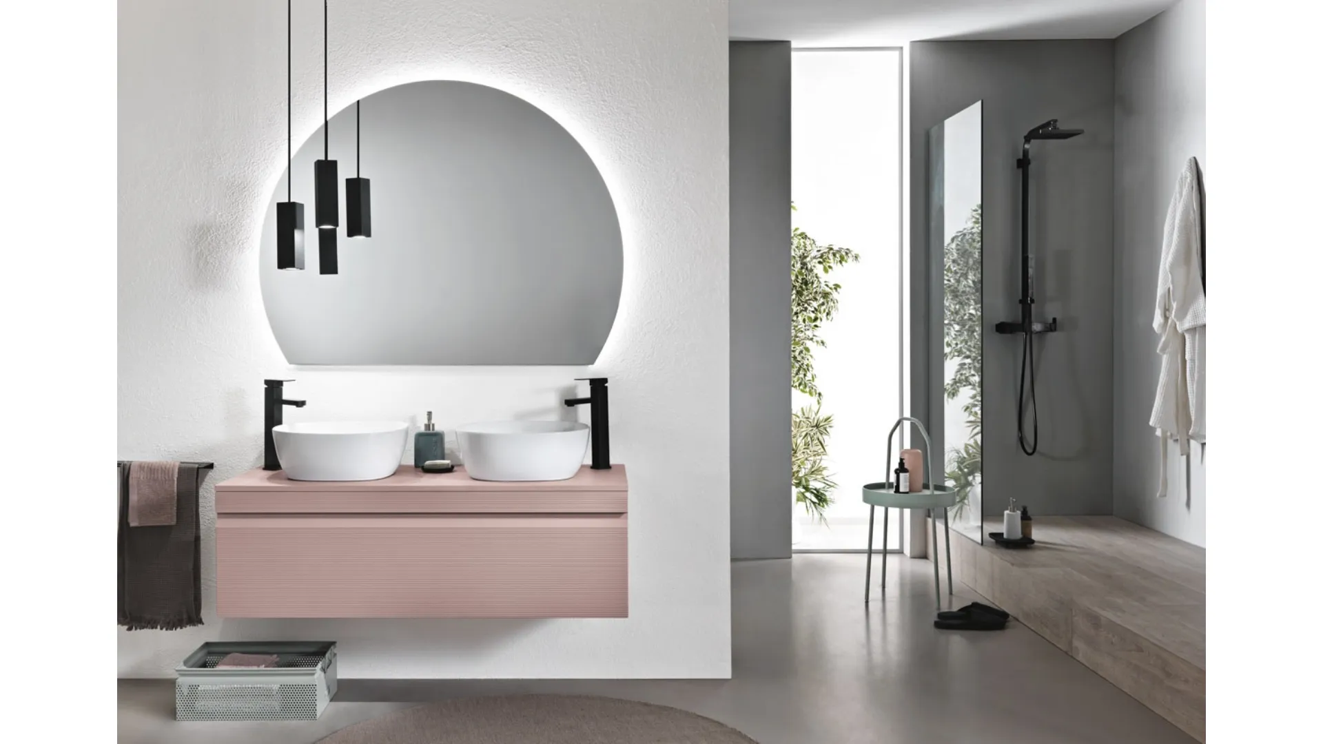 Mobile da Bagno Rio in PVC cannettato Rosa Polvere con 2 lavabi in ceramica di Bluelife