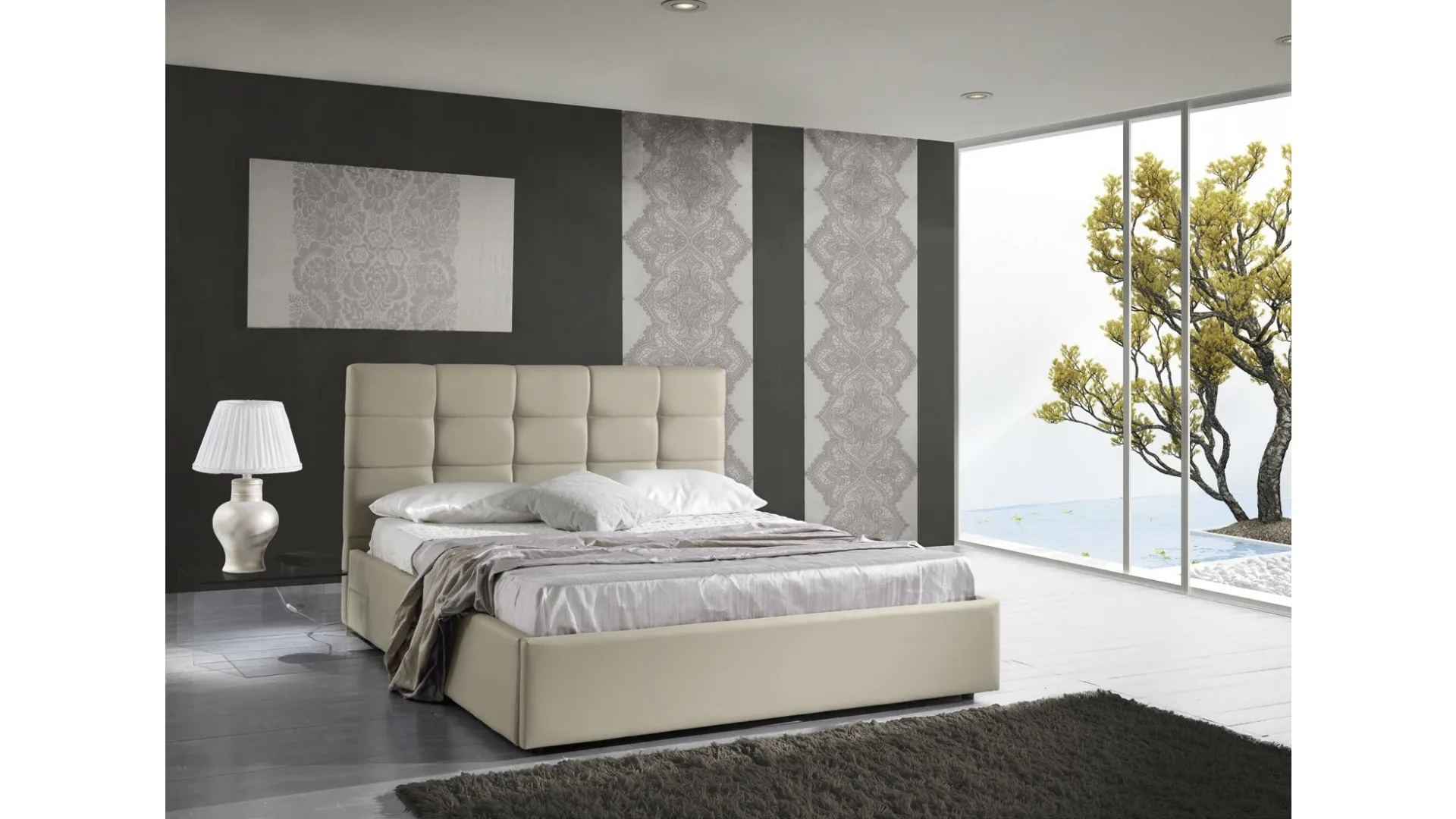 Letto in ecopelle Crema imbottito con testiera e contenitore Prima di Imba Srl