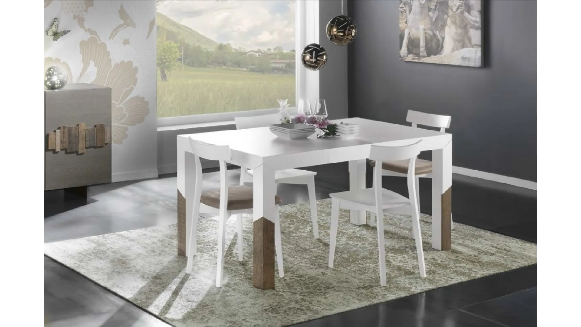 Tavolo allungabile Trend Style Storia TR1086 in legno finitura Bianco con inserto in Noce antico di Imba Srl