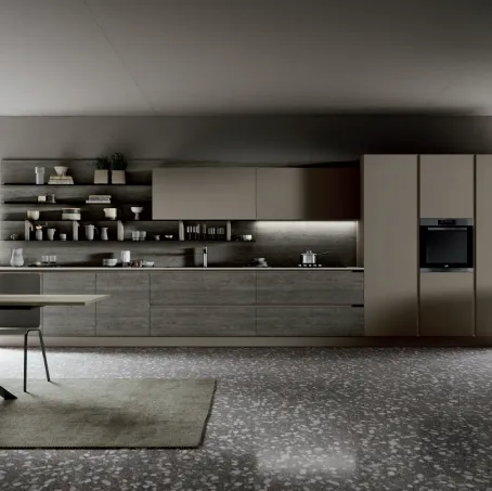 Cucina Moderna lineare Piana Tropea in melaminico Rovere grigio, laccato Tortora opaco e top in laminato Graniglia chiara di Imab