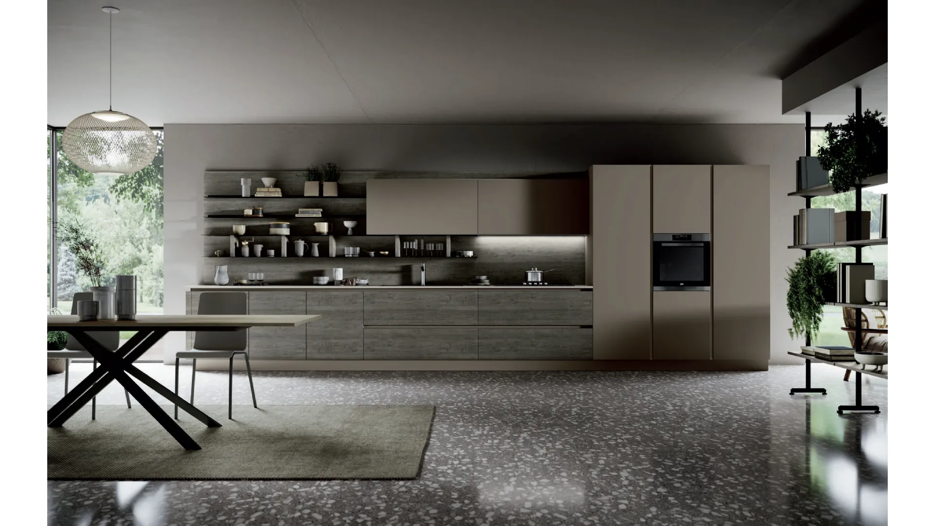 Cucina Moderna lineare Piana Tropea in melaminico Rovere grigio, laccato Tortora opaco e top in laminato Graniglia chiara di Imab