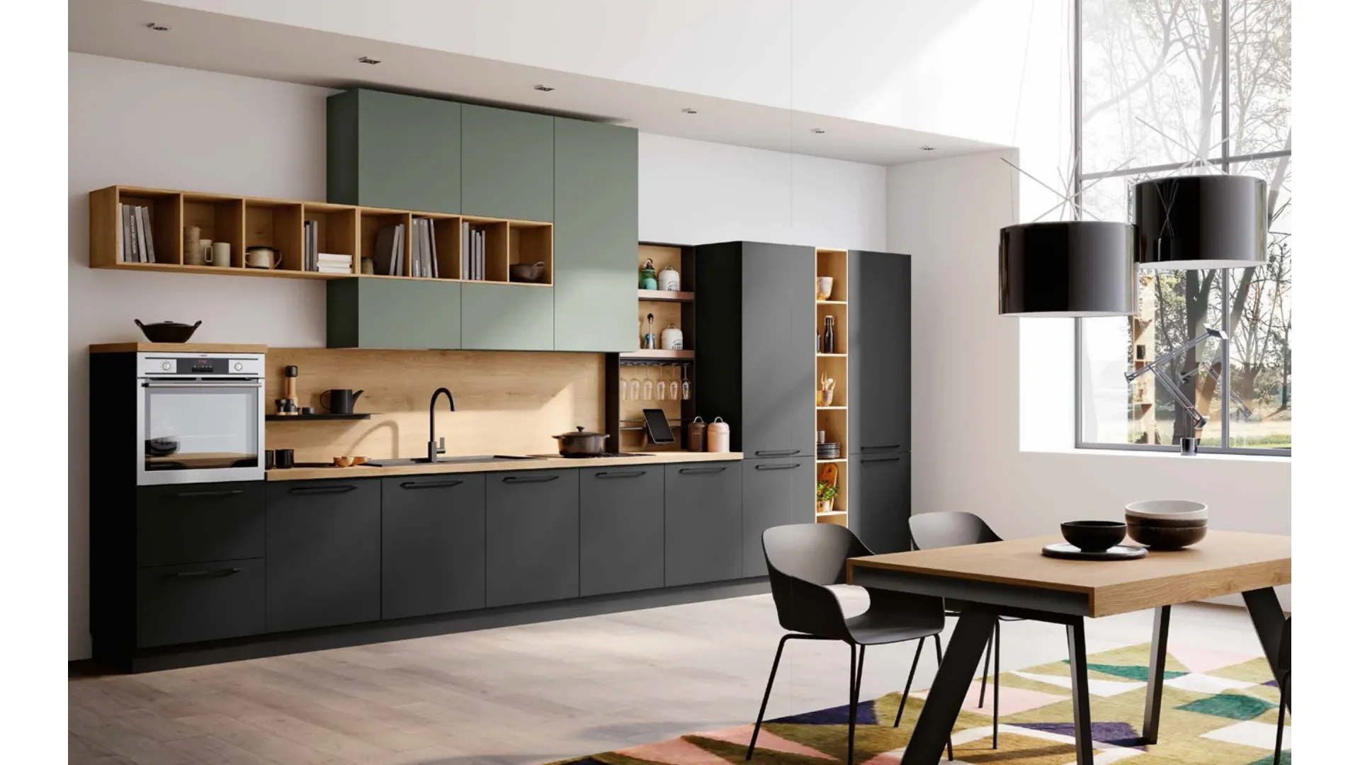 Cucina lineare Moderna in laccato Nero e Verde opaco con top in Rovere decapato Tropea DM0682 di Imab